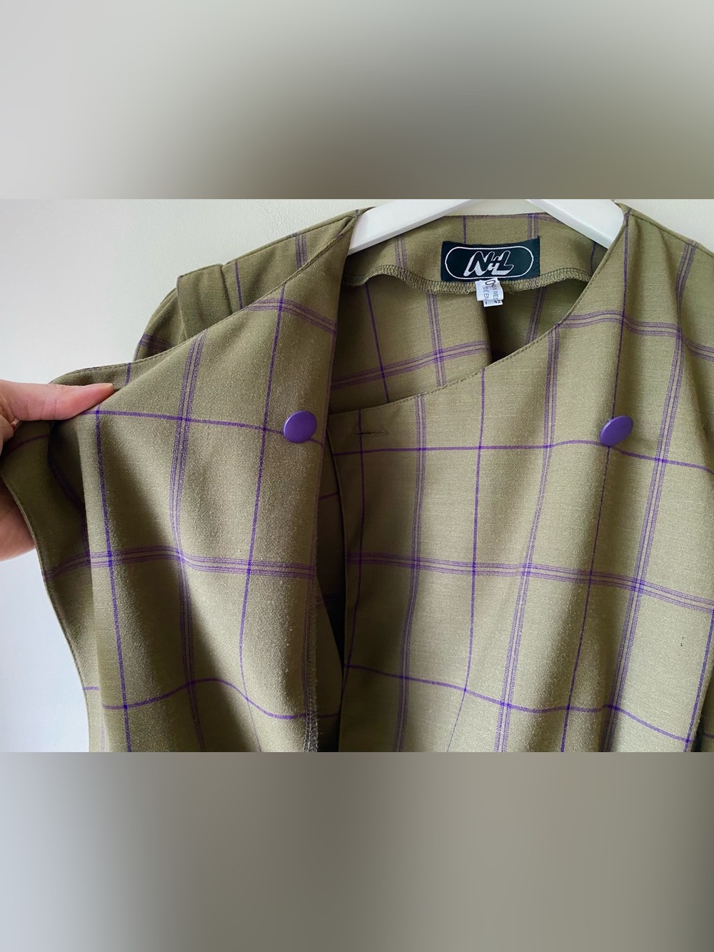 Wool blend Moss green with purple check peplum blazer - Picture 7 of 16